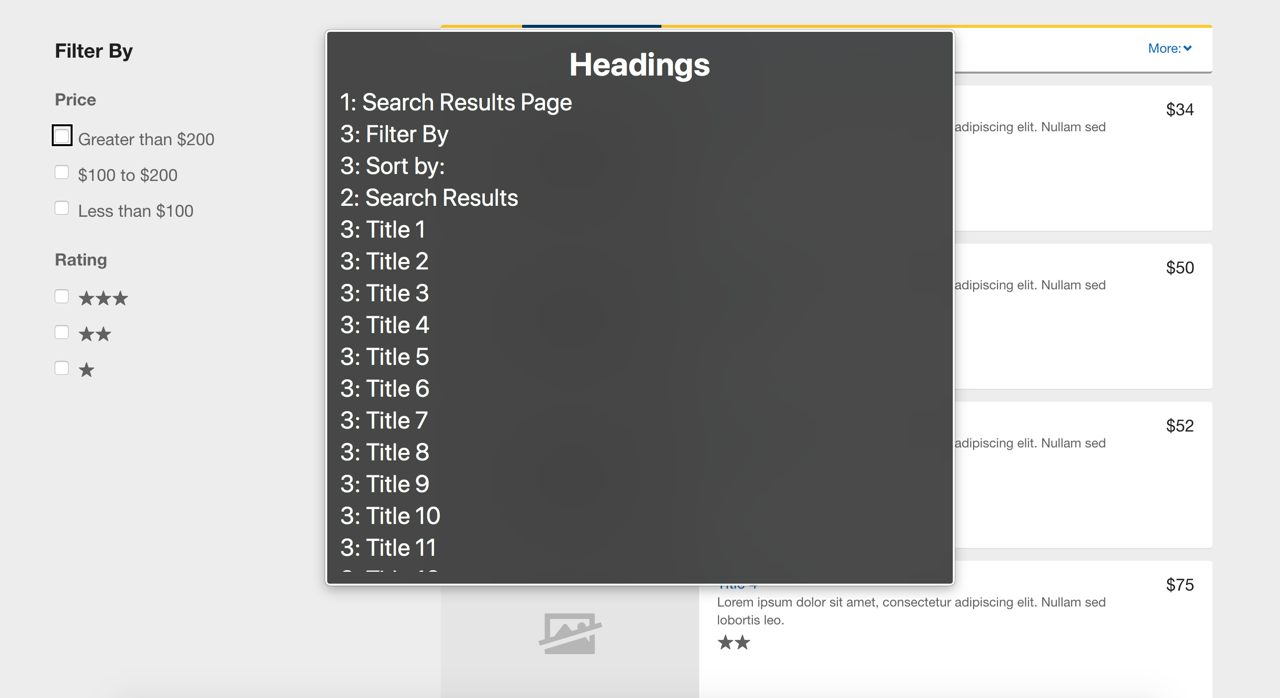 Headings on an example search results page that skip from h1 to h3